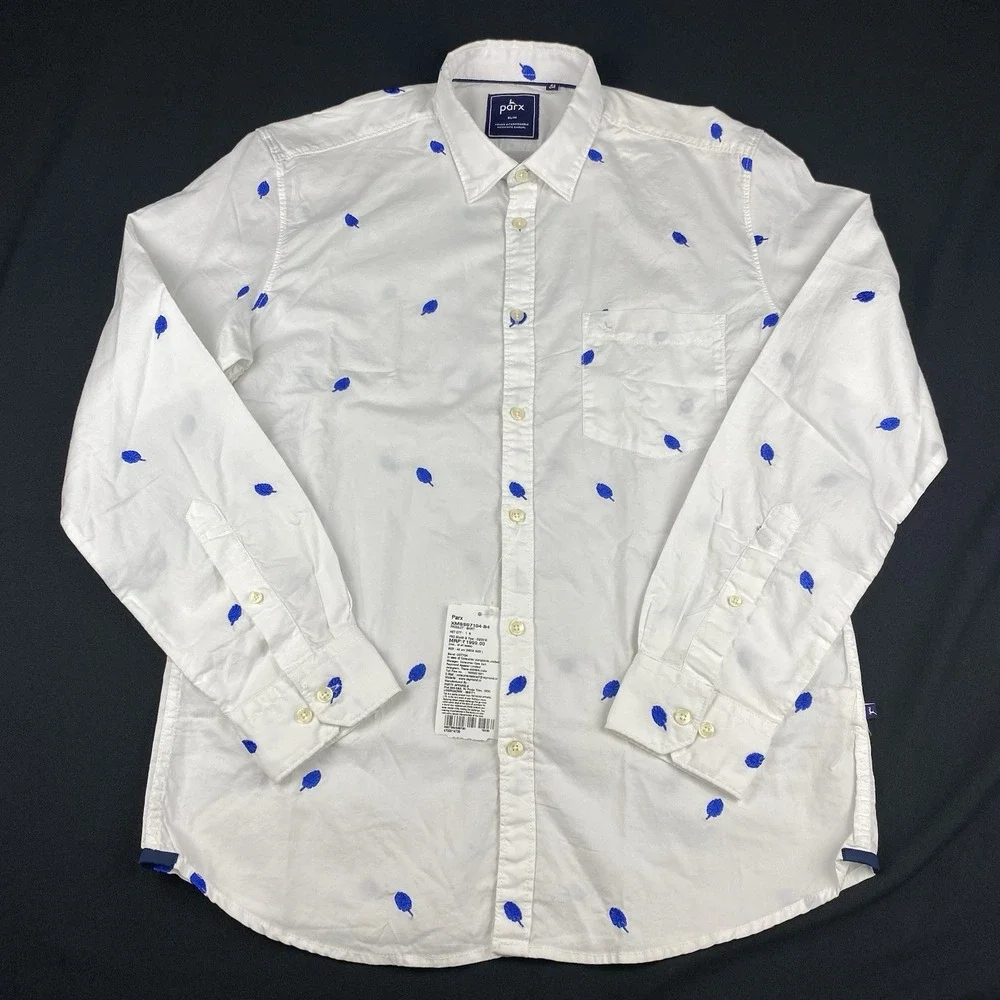 PARX Shirt Mens Large (42 cm) White w/Blue Leaf Embroidery Slim Fit NWT!
